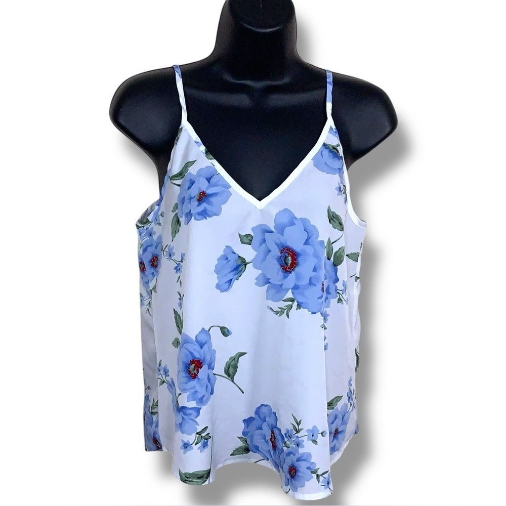 Size 2 White Blue Floral Lightweight Vneck Tank Top Sleeveless